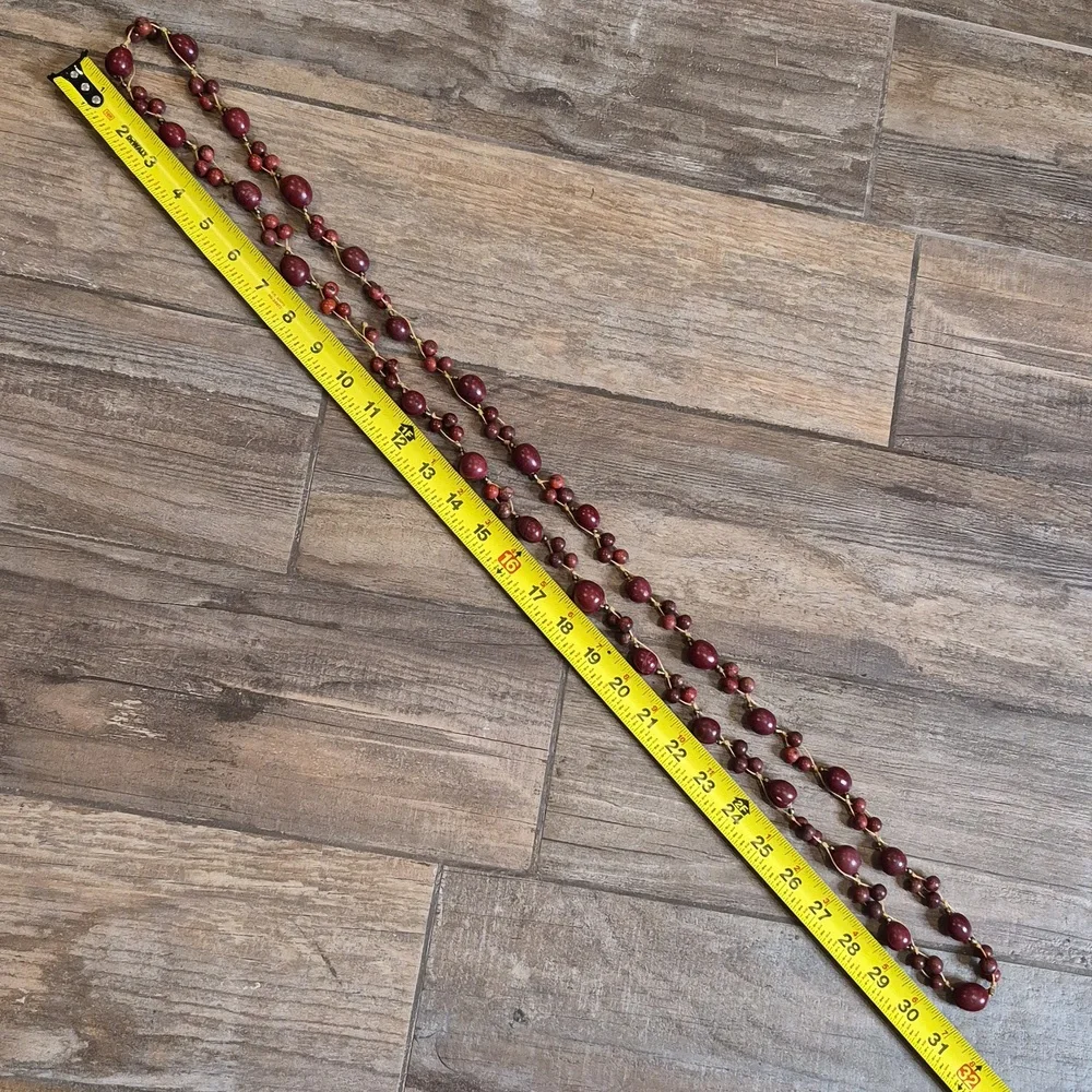 Vintage Cranberry Maroon Beaded Gold Tone Spacers Knotted Cord Long Necklace - Picture 14 of 14